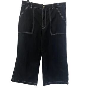Wild Fable Black Baggy Cargo Crop Pant Wide Leg Jeans Contrast Stitching Sz 12